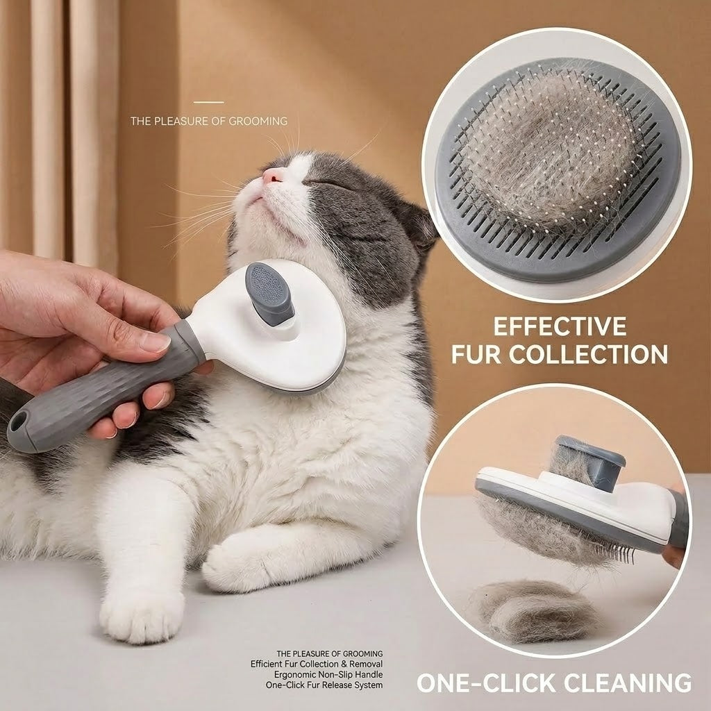 Cat being groomed with the self-cleaning brush, with close-ups of collected fur and one-click release
