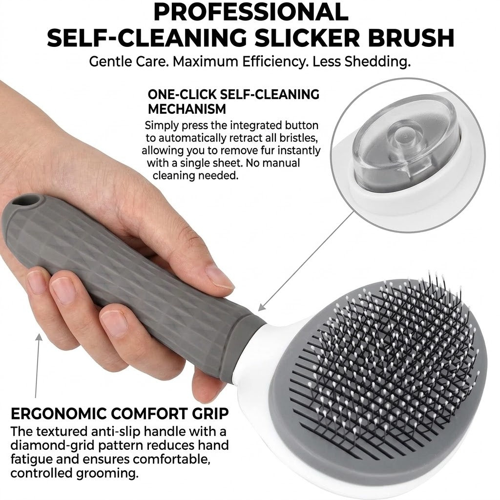 Hand holding the brush, showing the one-click self-cleaning button and the textured anti-slip grip