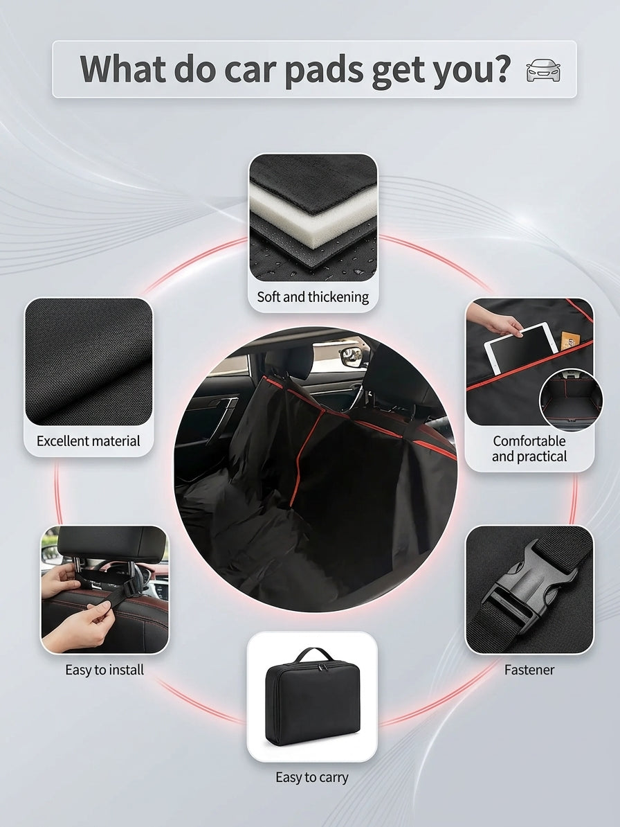 Diagram of the Dog Car Hammock features: padded layers, storage pockets, headrest straps, buckle fastener and carry bag