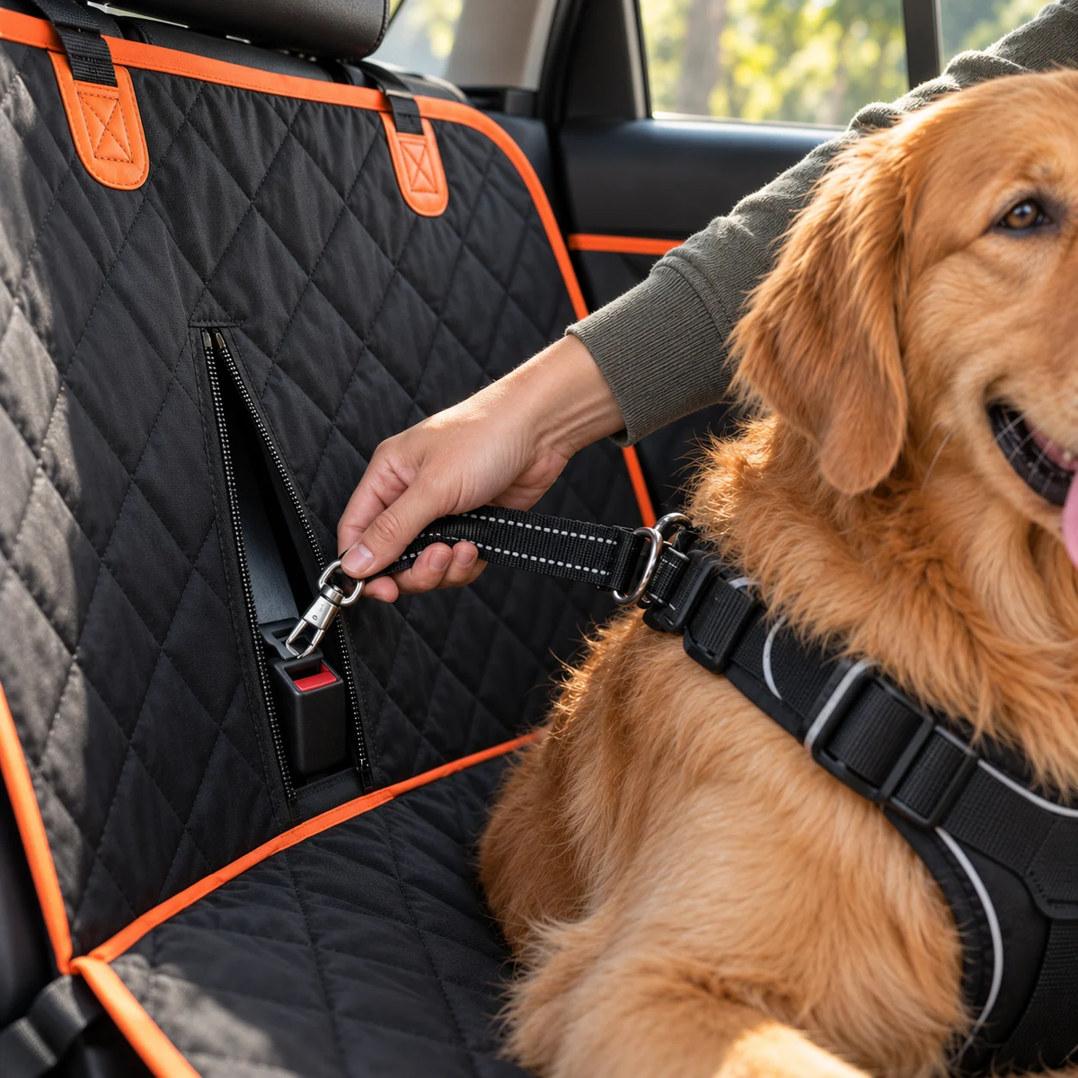 A hand clipping a harness tether to the seatbelt buckle through the hammock's zipped opening, with a dog sitting alongside