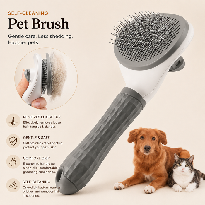 Self-cleaning pet brush with a dog and cat, showing loose fur lifted off the retracted bristles