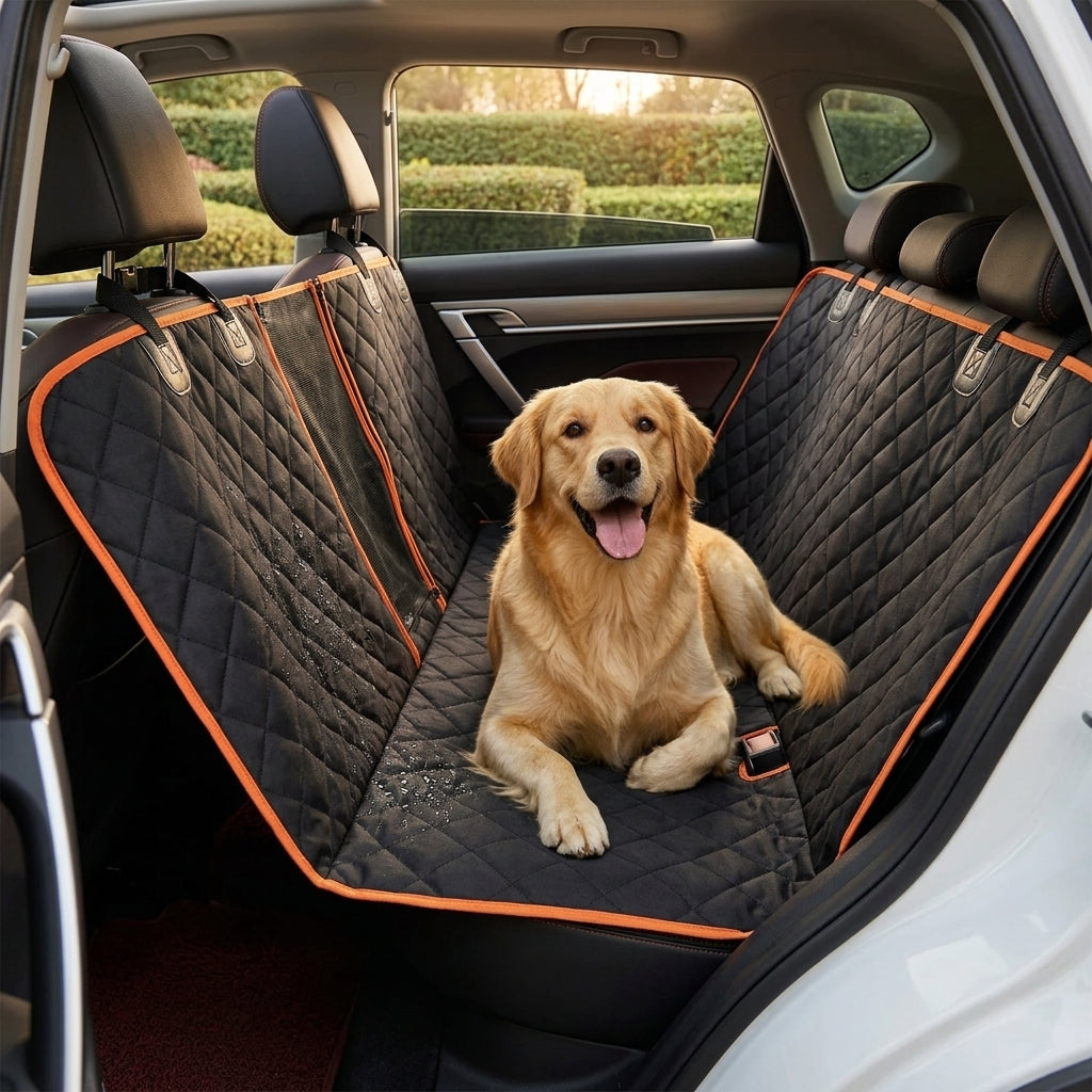 Golden retriever lying on the quilted Dog Car Hammock across the back seat of a car