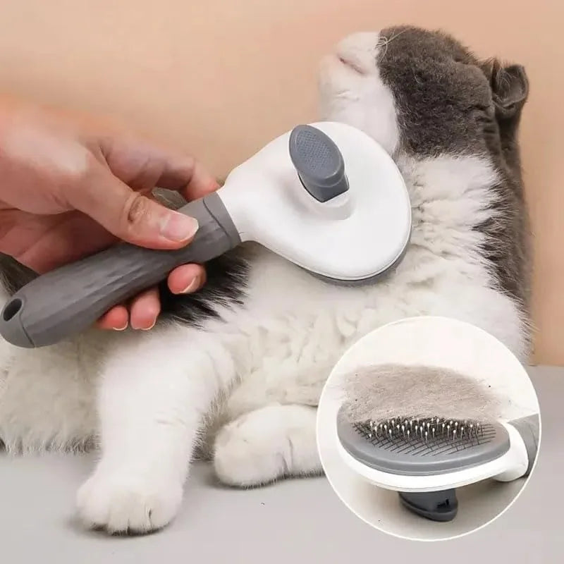 Cat being groomed with the deshedding brush