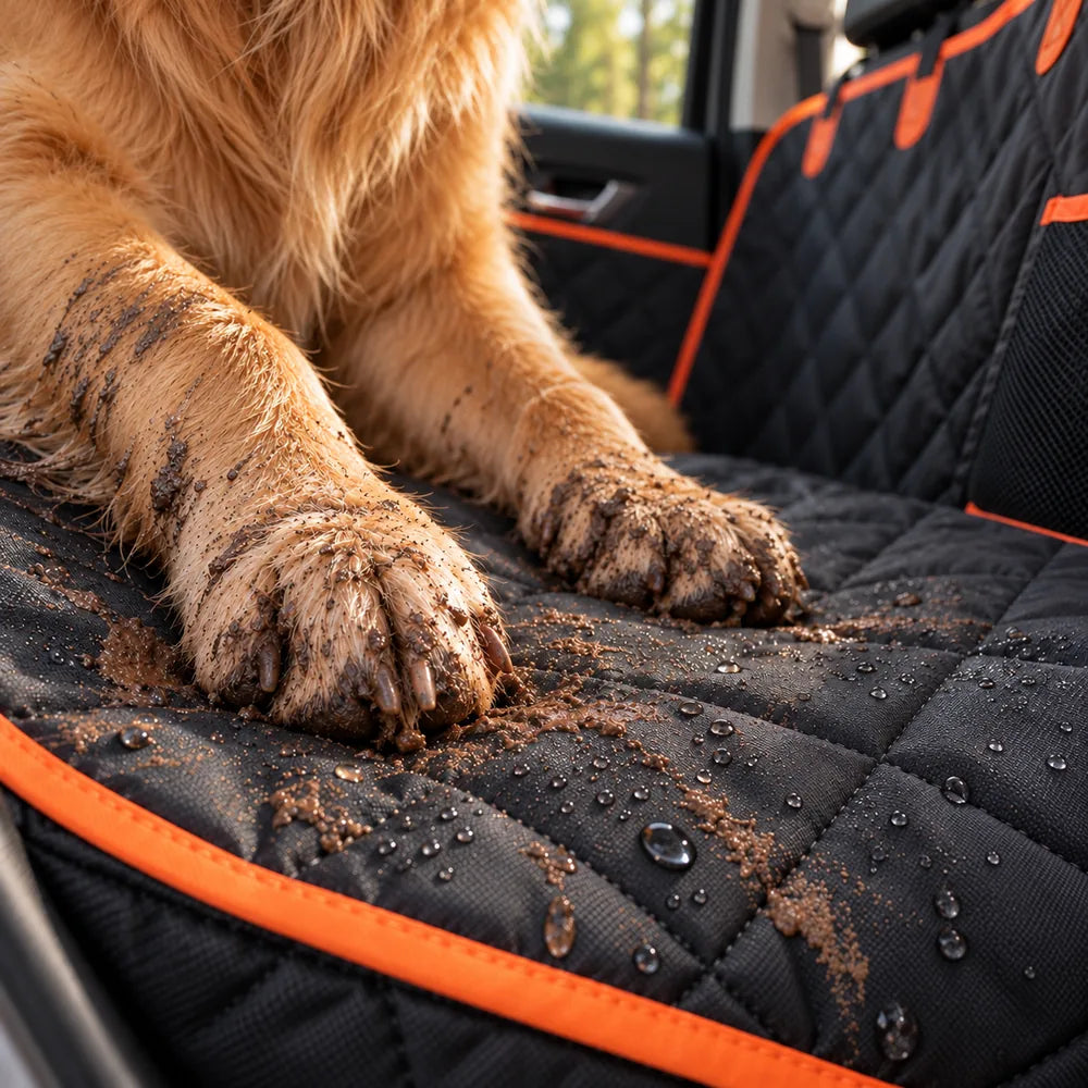 A dog's muddy paws resting on the quilted Dog Car Hammock, with water beading on the waterproof surface beside them