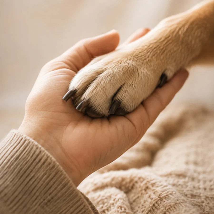 A person holding a dog's paw in their open hand
